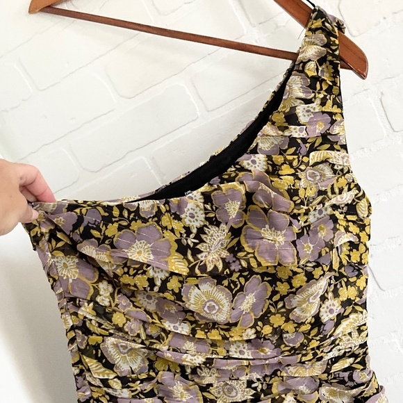 NWOT Zara Mini dress One shoulder Floral Draped Ruched Black Lavender Yellow M - Picture 13 of 16